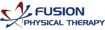 A black and blue logo for fusion physical therapy.